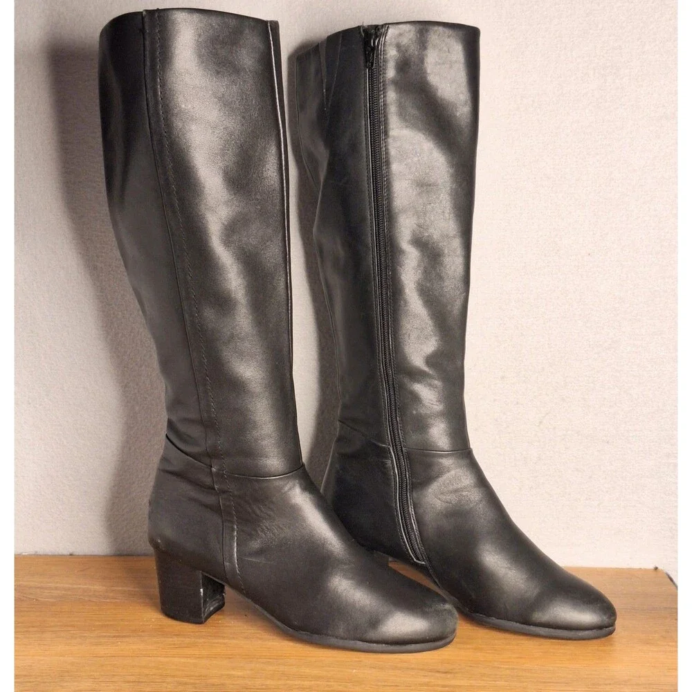 Vionic Tahlia Women’s 7.5 Black Leather Knee High Boots Almond Toe Zip Tall